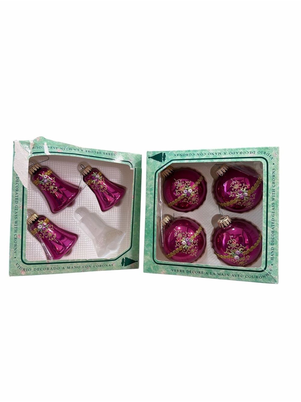 Vintage Christmas by Krebs Glass Ornaments Set of 7 Pink Gold Floral USA